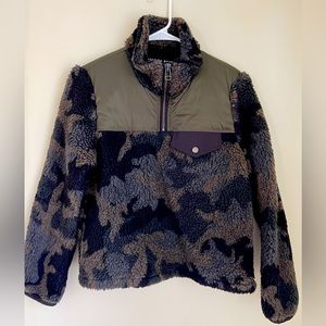 Veronica Beard Camo Puff Shoulder Fleece pullover